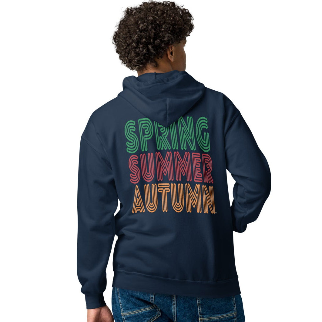 man wearing The Spring into Summer Unisex Zip-Up Hoodie in Navy Blue from the APWT Gift Shop