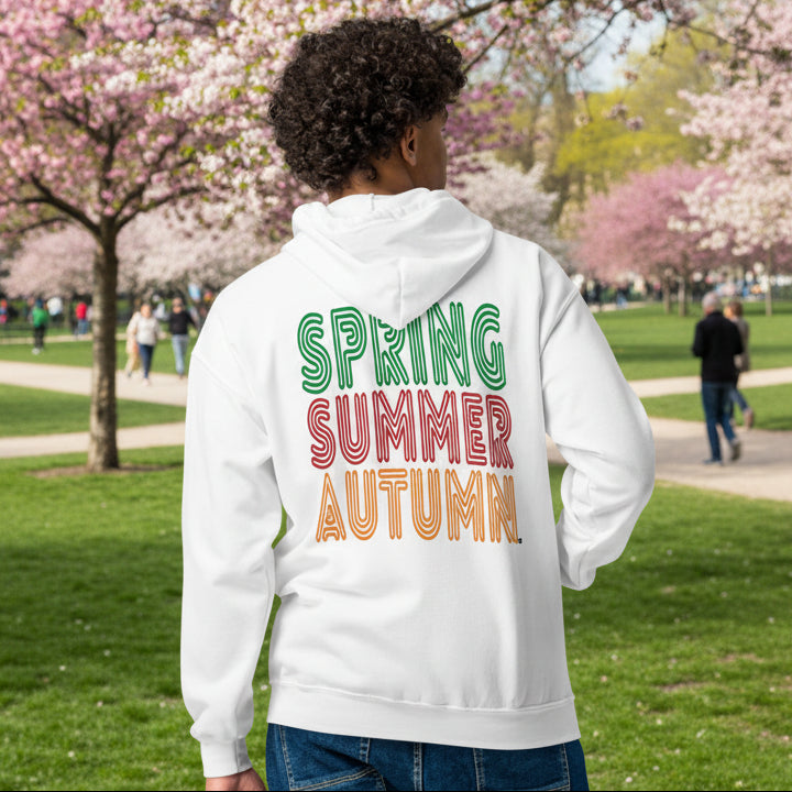man wearing The Spring into Summer Unisex Zip-Up Hoodie in White from the APWT Gift Shop