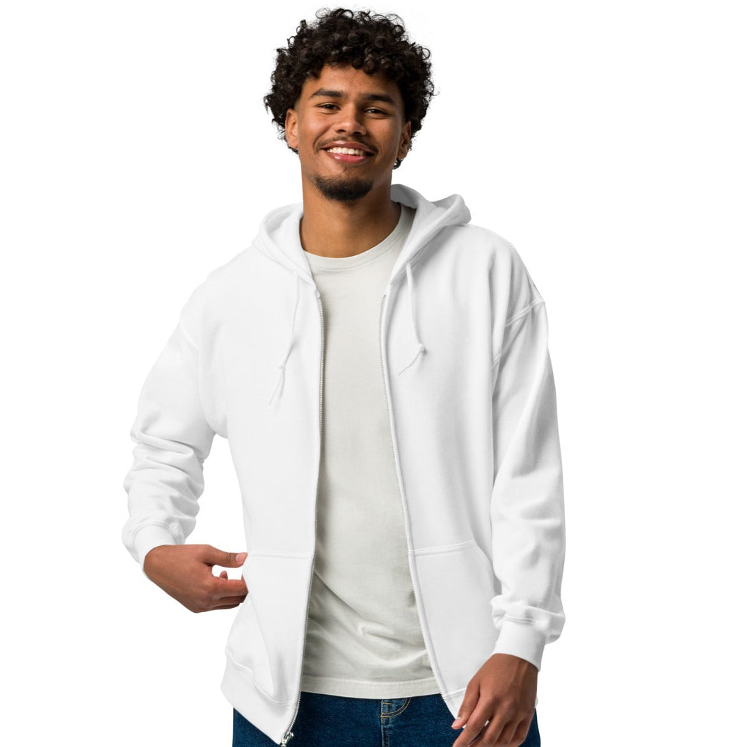 man wearing The Spring into Summer Unisex Zip-Up Hoodie in White from the APWT Gift Shop Front