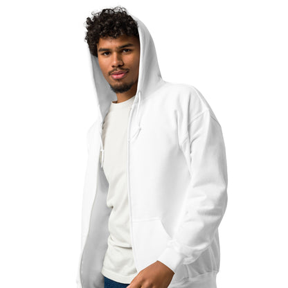 man wearing The Spring into Summer Unisex Zip-Up Hoodie in White from the APWT Gift Shop Side