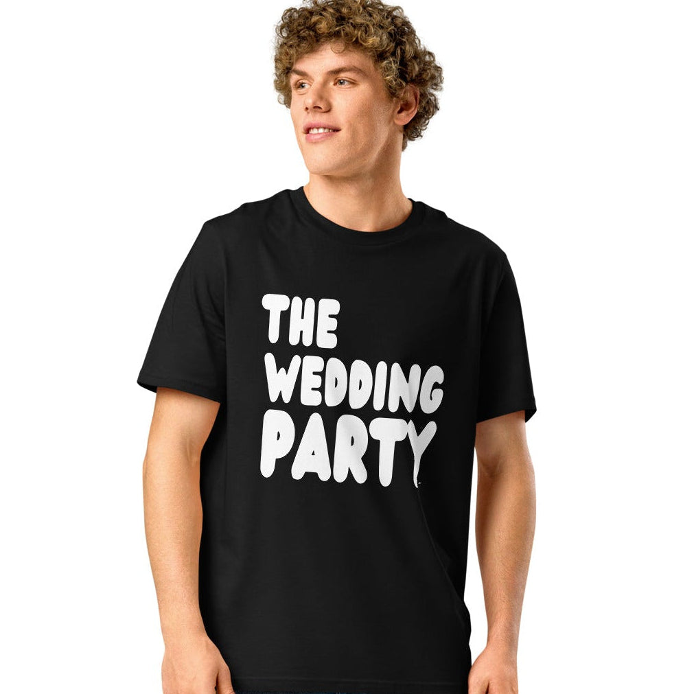 man wearing the APWT Gift Shop's the Wedding Party Premium Unisex T-Shirt from the APWT Wedding Shop in Black