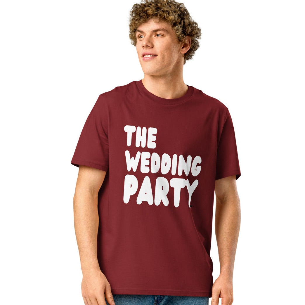 man wearing The Wedding Party Premium Unisex T-Shirt in Burgundy from the APWT Gift Shop