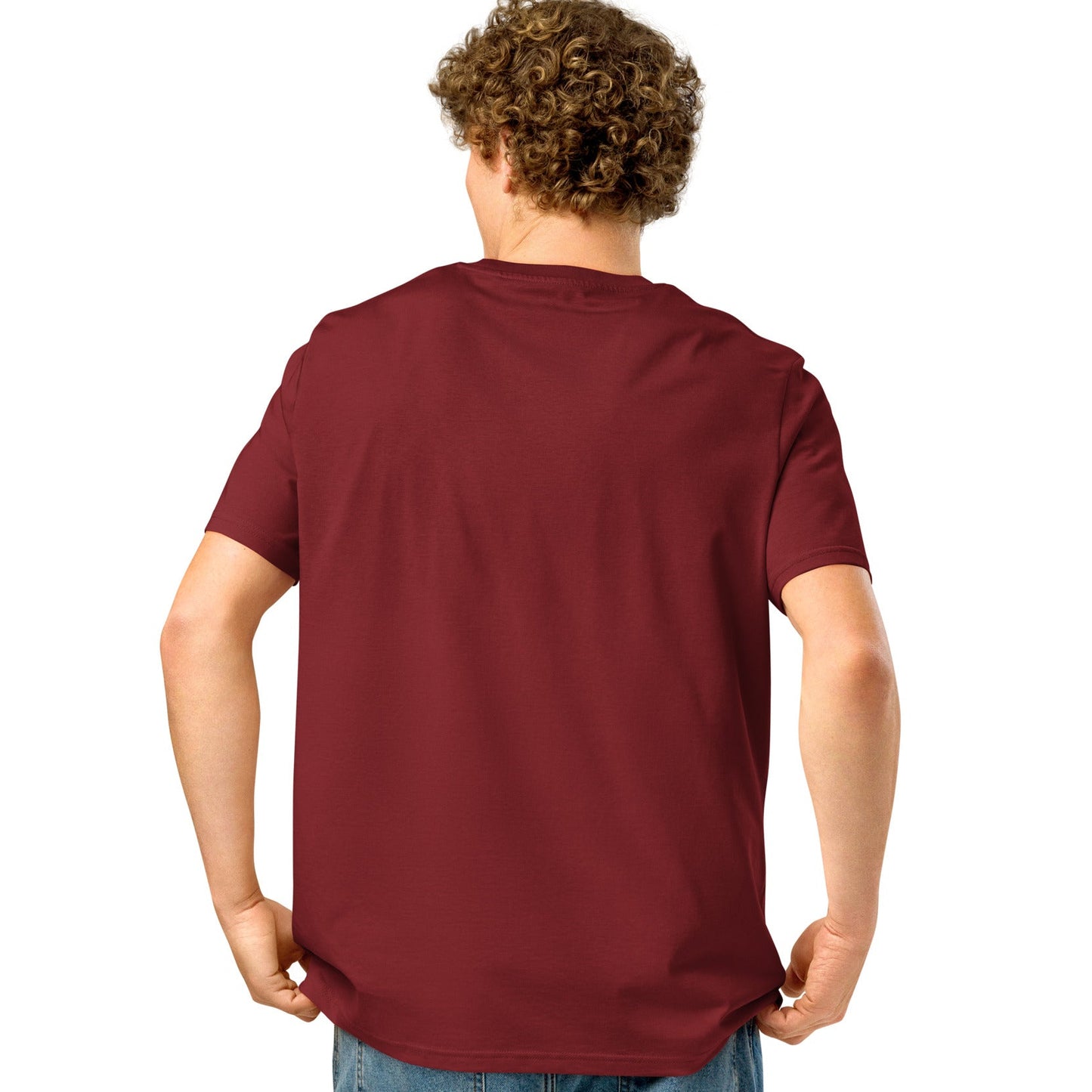 man wearing The Wedding Party Premium Unisex T-Shirt in Burgundy from the APWT Gift Shop Back
