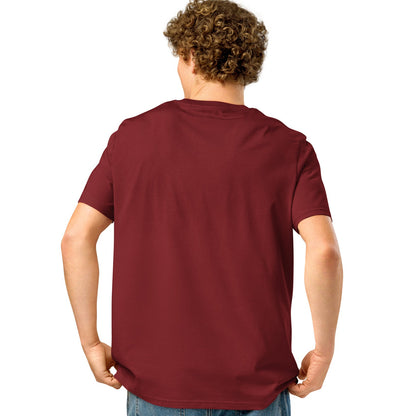 man wearing The Wedding Party Premium Unisex T-Shirt in Burgundy from the APWT Gift Shop Back