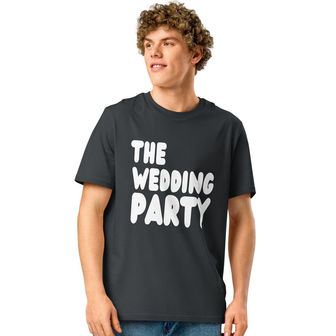 man wearing The Wedding Party Premium Unisex T-Shirt in Dark Grey from the APWT Gift Shop