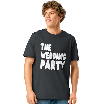 man wearing The Wedding Party Premium Unisex T-Shirt in Dark Grey from the APWT Gift Shop