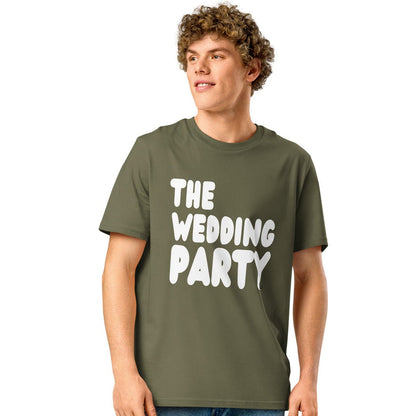 man wearing The Wedding Party Premium Unisex T-Shirt in Olive Green from the APWT Gift Shop