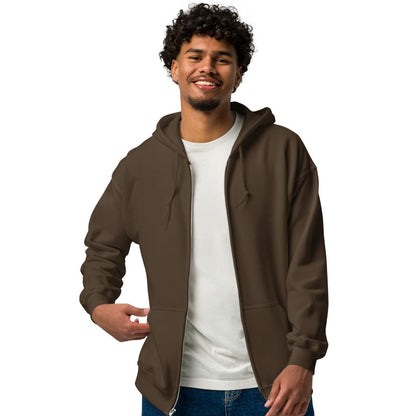 man wearing the Exhausted in Brown Unisex Zip-Up Hoodie from the APWT Gift Shop front