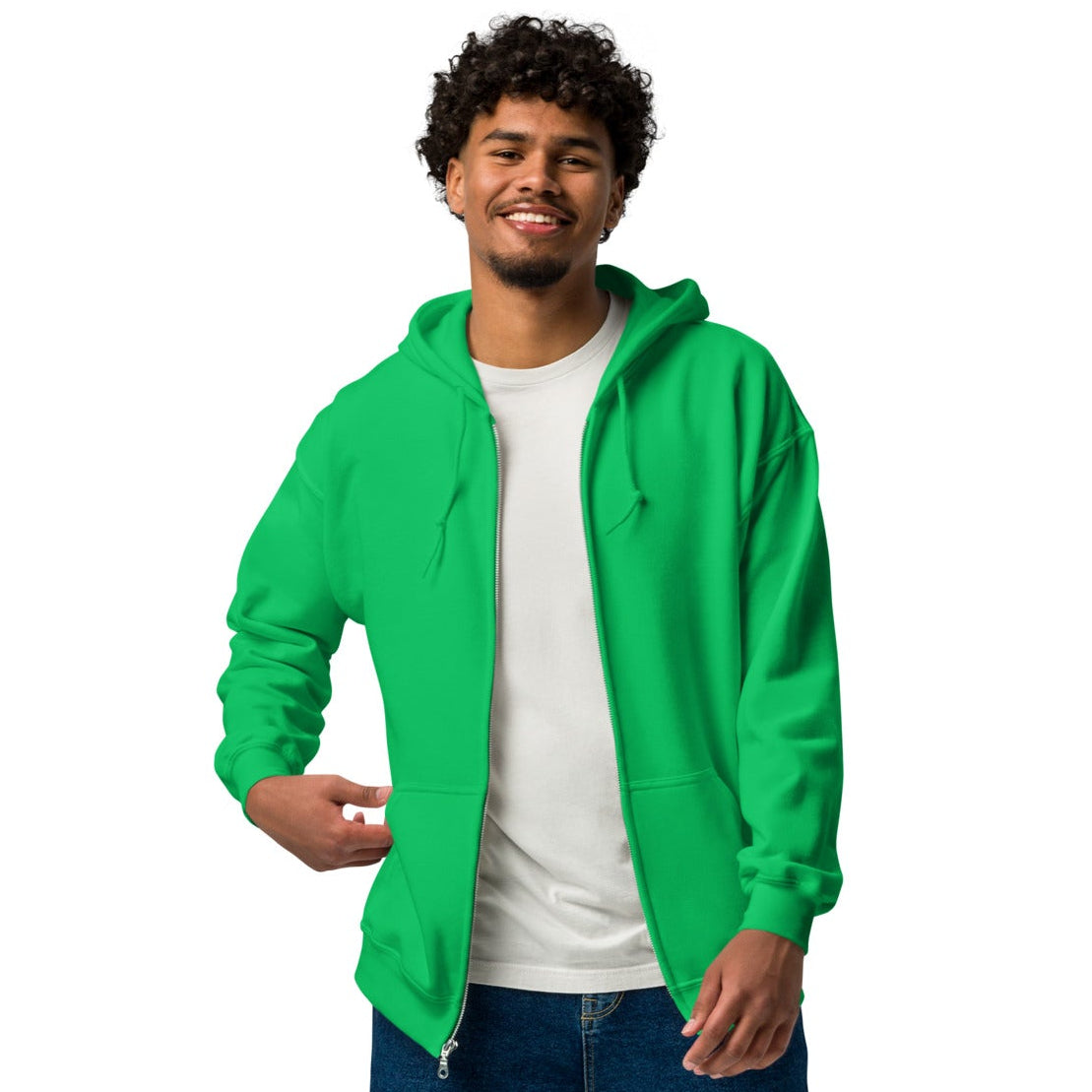 man wearing the Exhausted in Green Unisex Zip-Up Hoodie from the APWT Gift Shop Front