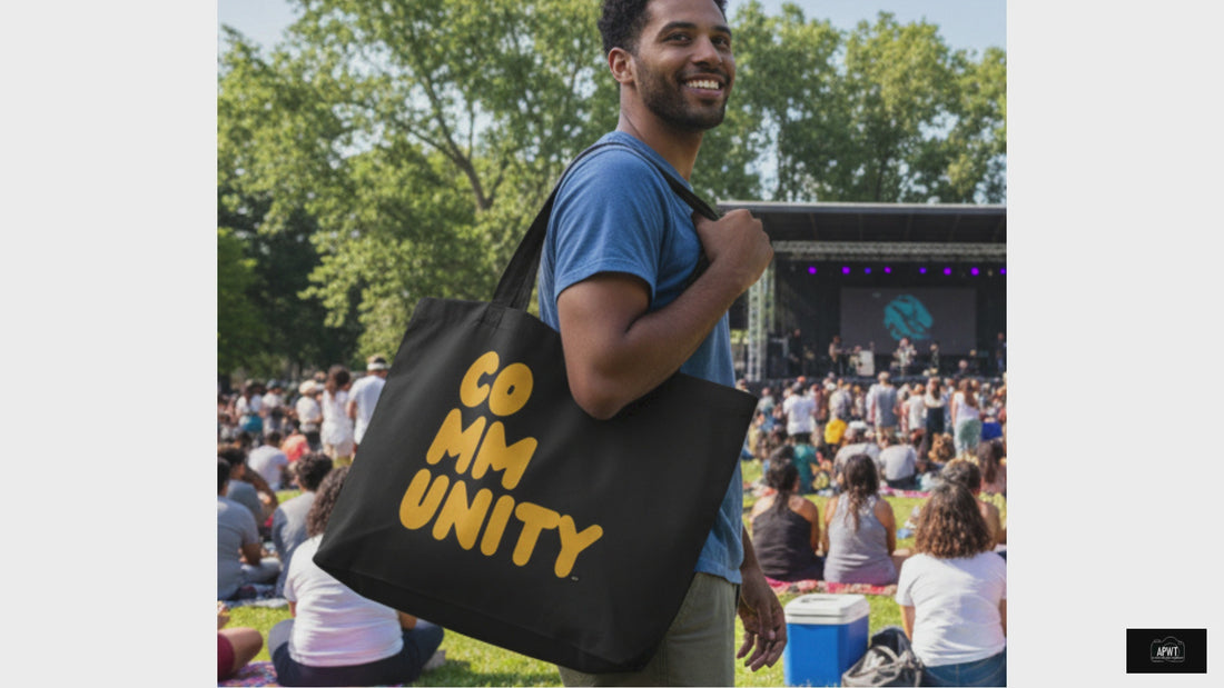 Man wearing the APWT Gift Shop's A Community in Sunflower Yellow Jumbo Tote Bag from the Community Collection in Black