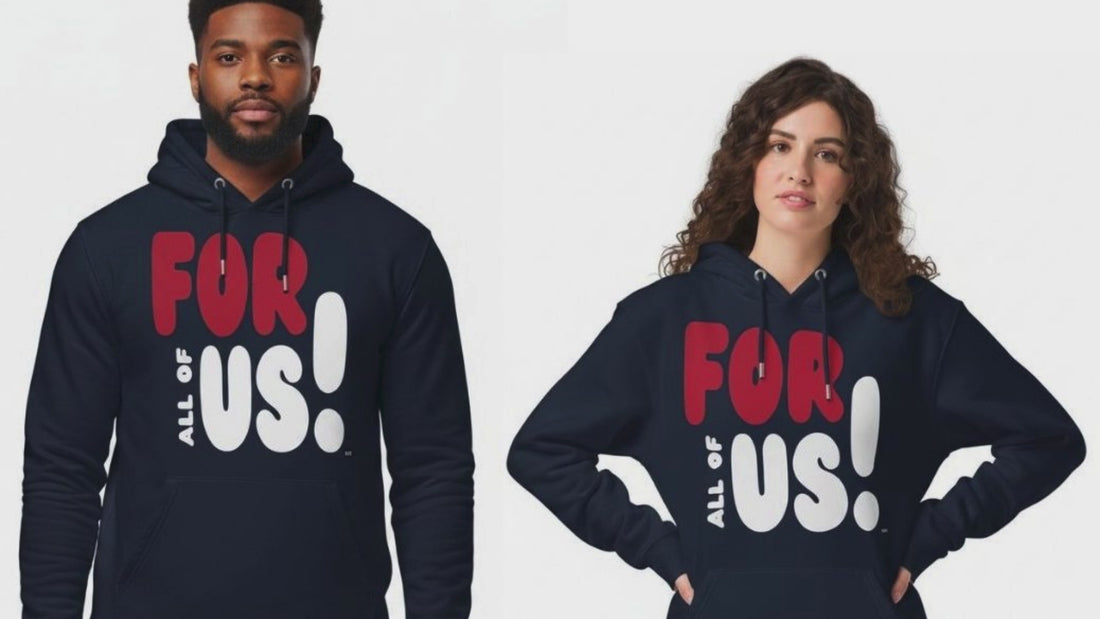 Man and woman wearing the APWT Gift Shop's For All of Us Premium Unisex Hoodie from the For Us Collection