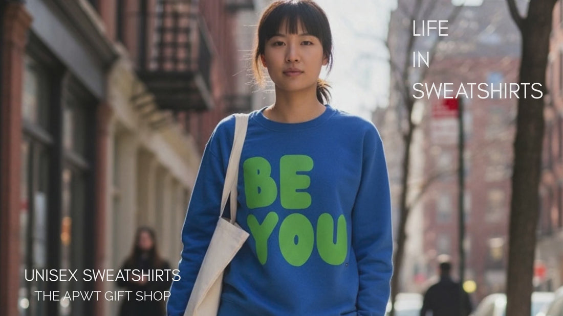 Woman walking down the street wearing the APWT Gift Shops Be You in Blue and Green Unisex Crew Neck Sweatshirt from the Be You Collection