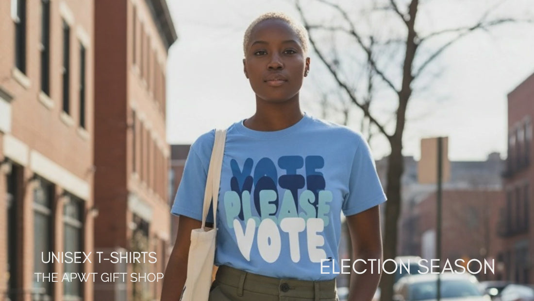 Woman wearing the APWT Gift Shop's Please Vote in Sky Blue Unisex T-Shirt from the APWT Vote Shop