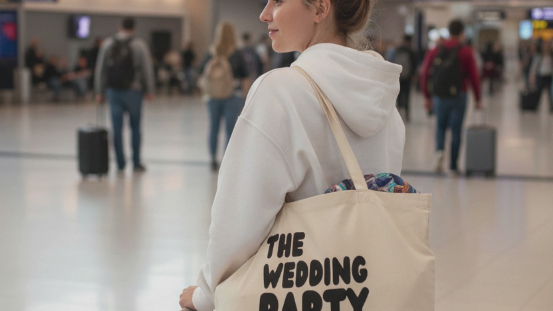 Load video: Woman standing in an airport carrying the APWT Gift Shop's the Wedding Party Jumbo Tote Bag from the APWT Wedding Shop
