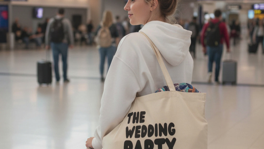 Woman standing in an airport carrying the APWT Gift Shop's the Wedding Party Jumbo Tote Bag from the APWT Wedding Shop
