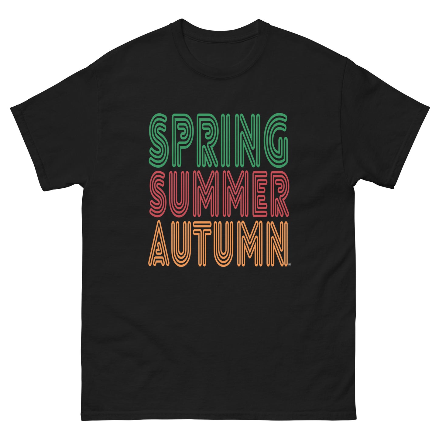 Black t-shirt with 'Spring Summer Autumn' text in colorful retro style on a white background