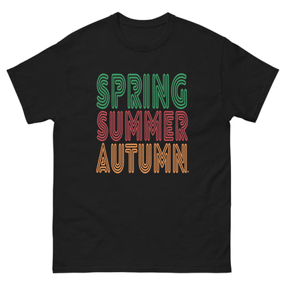 Black t-shirt with 'Spring Summer Autumn' text in colorful retro style on a white background