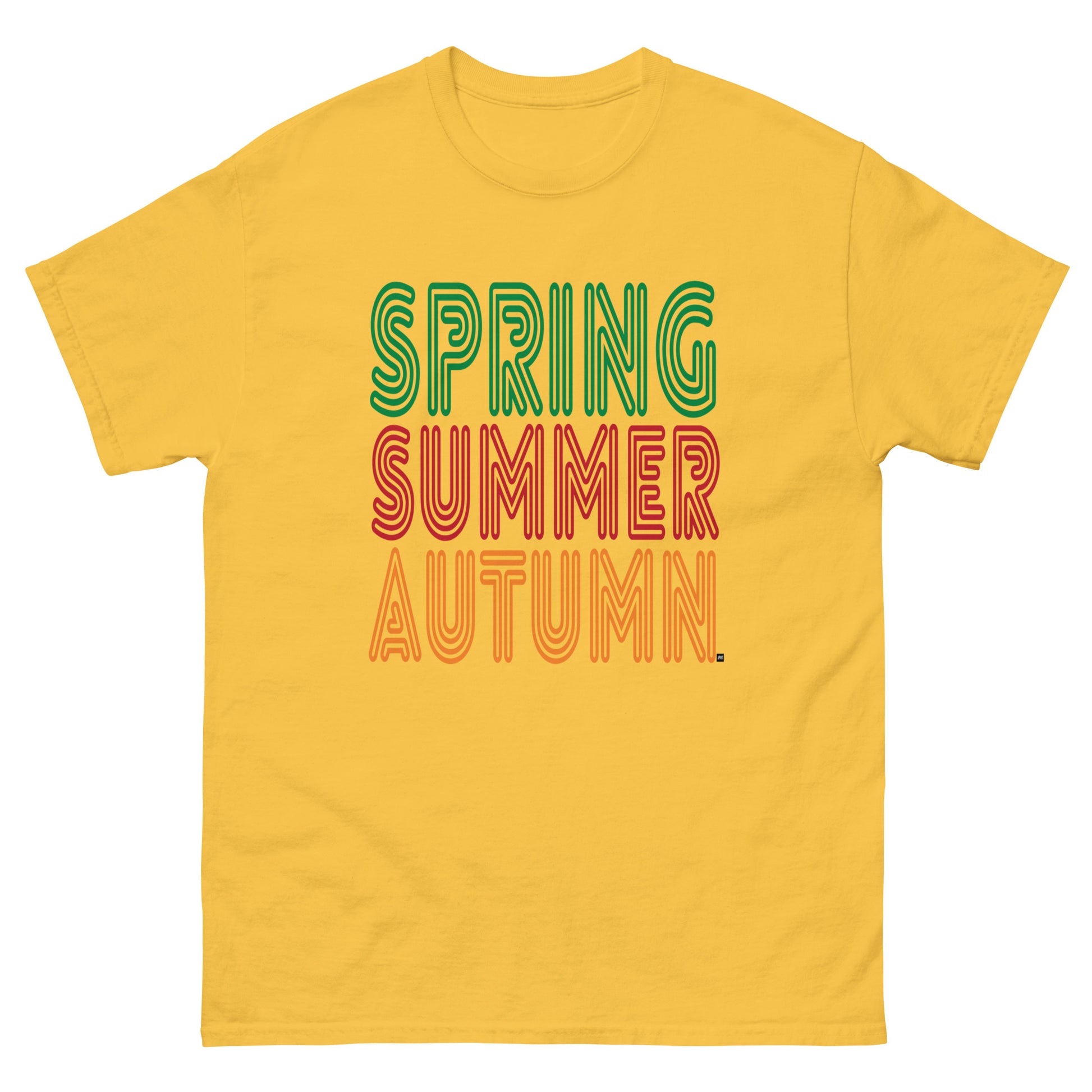 Yellow t-shirt with 'Spring Summer Autumn' text in green, red, and orange on a white background