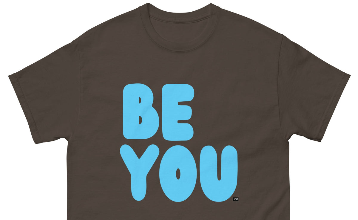 The APWT Gift Shop's Be You in Brown and Blue Unisex T-Shirt from the Be You Collection - Close-Up