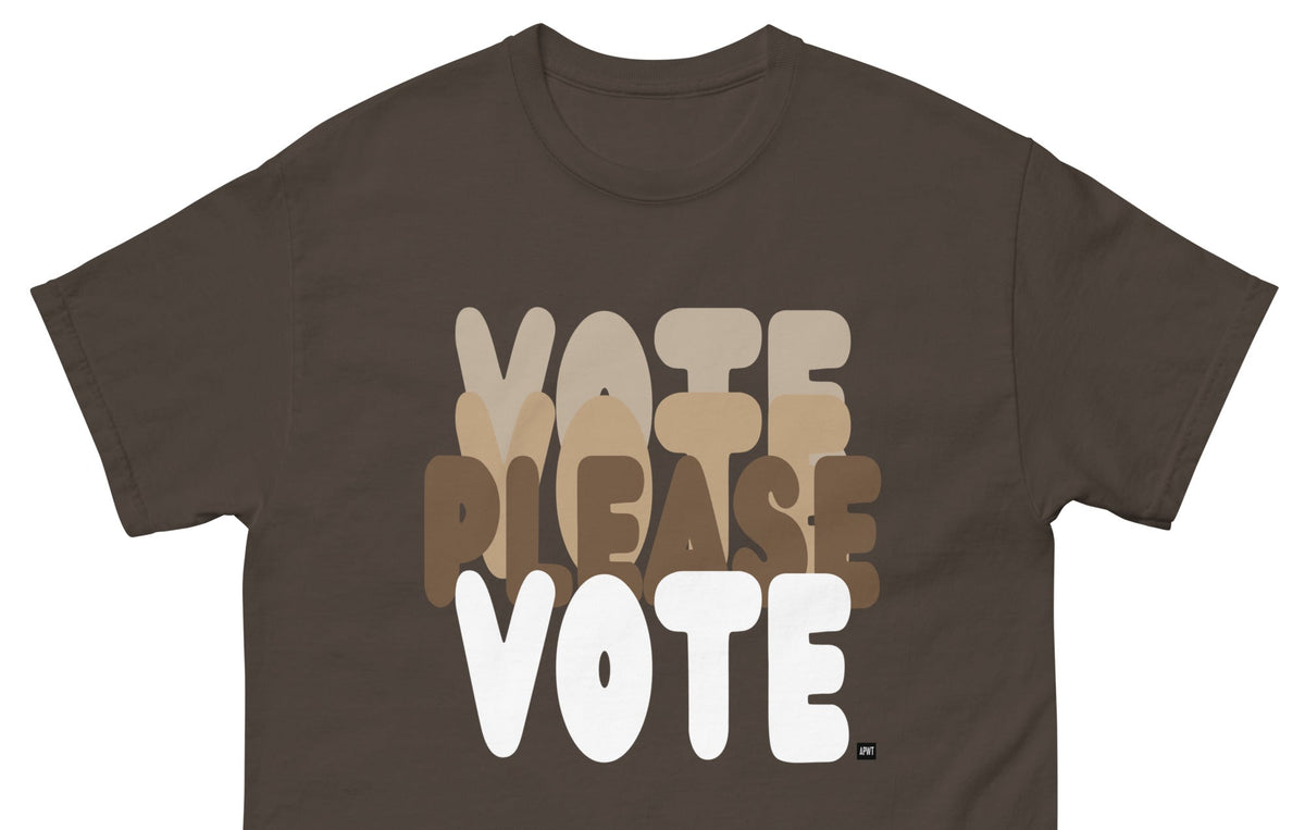 The APWT Gift Shop's Please Vote in Brown Love Unisex T-Shirt from the APWT Vote Shop - Close-Up