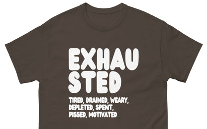 The APWT Gift Shop's Exhausted in Brown Unisex T-Shirt from the Exhausted Collection - Close-up