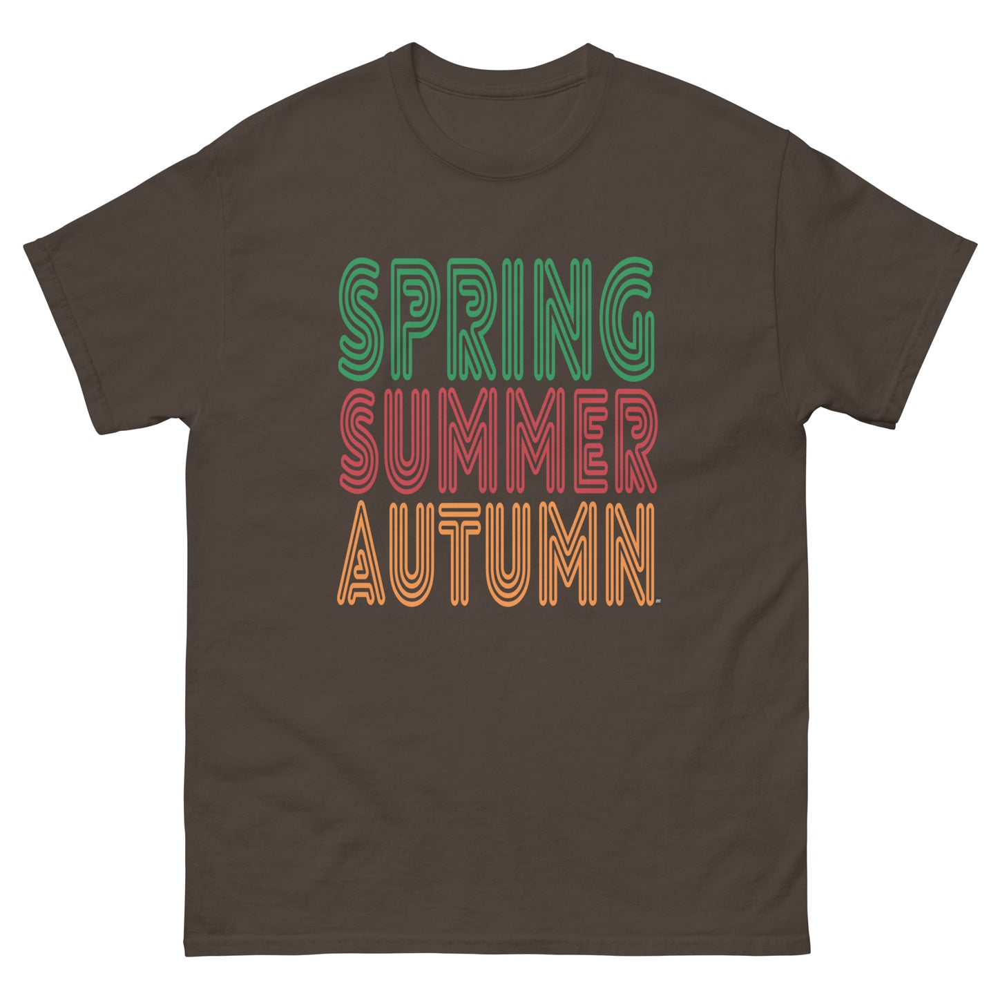 Brown t-shirt with 'Spring Summer Autumn' text in colorful font on a white background