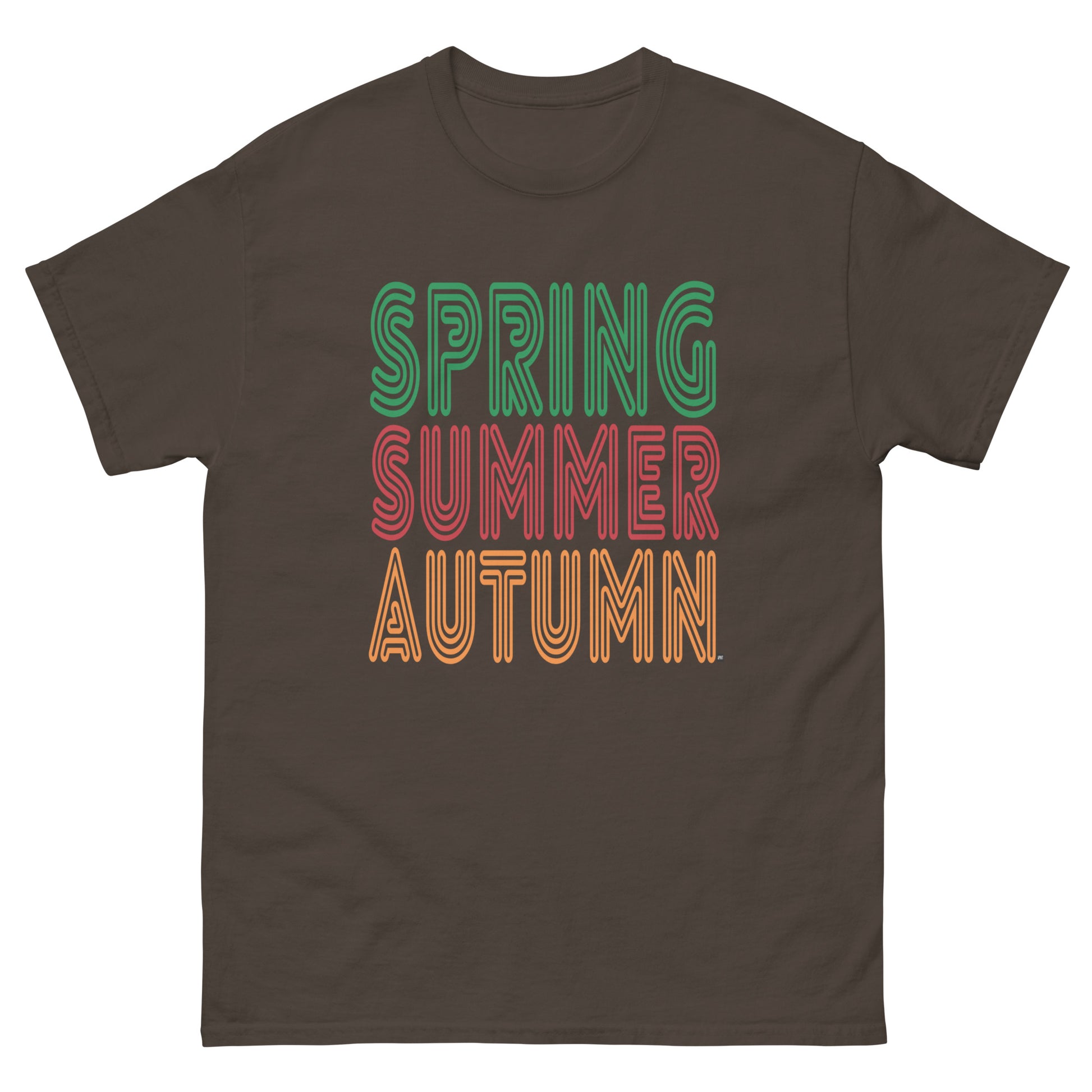 Brown t-shirt with 'Spring Summer Autumn' text in colorful font on a white background