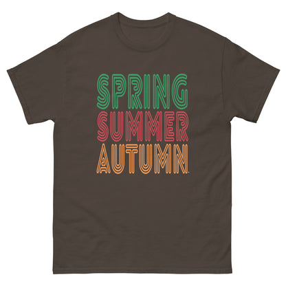 Brown t-shirt with 'Spring Summer Autumn' text in colorful font on a white background
