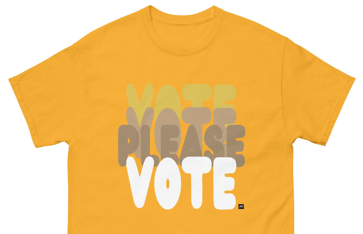 The APWT Gift Shop's Please Vote in Sunny Yellow Unisex T-Shirt from the APWT Vote Shop - Close-Up