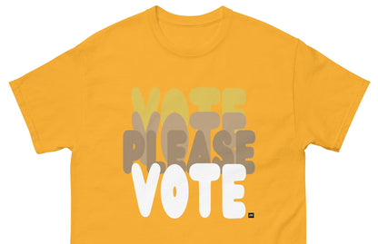 The APWT Gift Shop's Please Vote in Sunny Yellow Unisex T-Shirt from the APWT Vote Shop - Close-Up