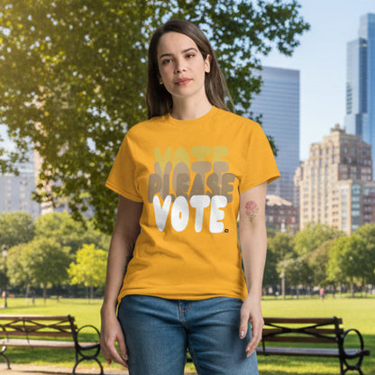 Woman wearing the APWT Gift Shop's Please Vote in Sunny Yellow Unisex T-Shirt from the APWT Vote Shop