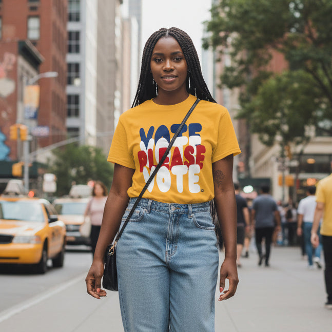 Woman wearing the APWT Gift Shop's Please Vote Unisex T-Shirt from the APWT Vote Shop in Yellow