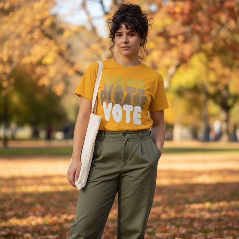 Woman standing in the park on an autumn day wearing the APWT Gift Shop's Please Vote in Sunny Yellow Unisex T-Shirt from the APWT Vote Shop