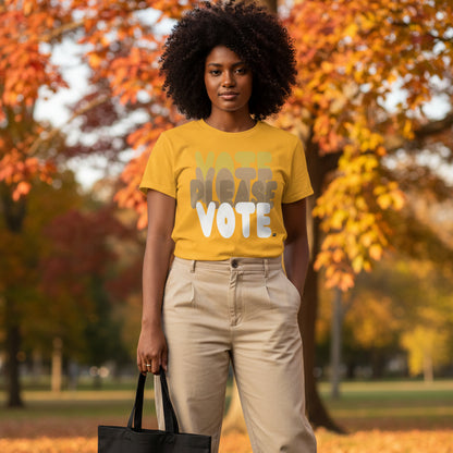 Woman standing in the park on an autumn day wearing the APWT Gift Shop's Please Vote in Sunny Yellow Unisex T-Shirt from the APWT Vote Shop