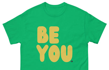 The APWT Gift Shop's Be You in Green and Yellow Unisex T-Shirt from the Be You Collection - Close Up