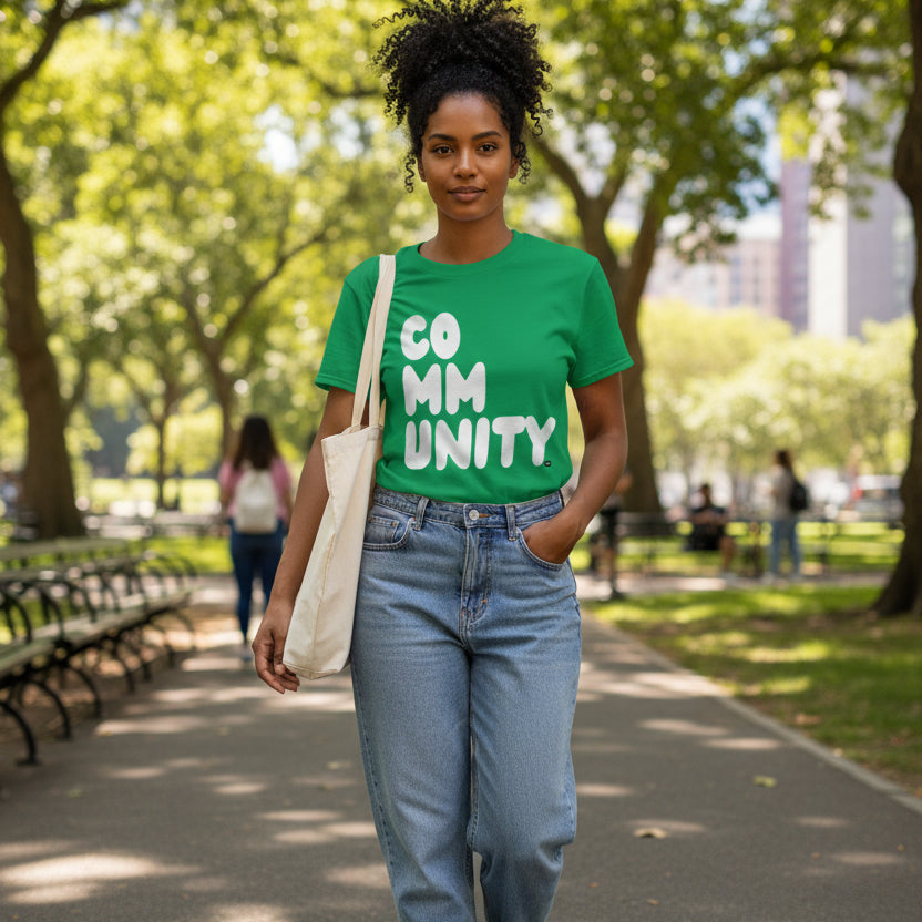 Woman walking through the park wearing the APWT Gift Shop's A Community in Green Grass Unisex T-Shirt from the Community Collection