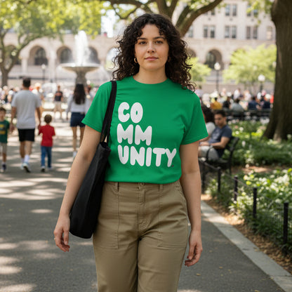 Woman walking through the park wearing the APWT Gift Shop's A Community in Green Grass Unisex T-Shirt from the Community Collection