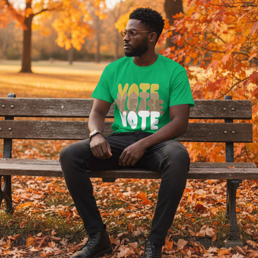 Man sitting in the park on an autumn day wearing the APWT Gift Shop's Please Vote in Green Spaces Unisex T-Shirt from the APWT Vote Shop