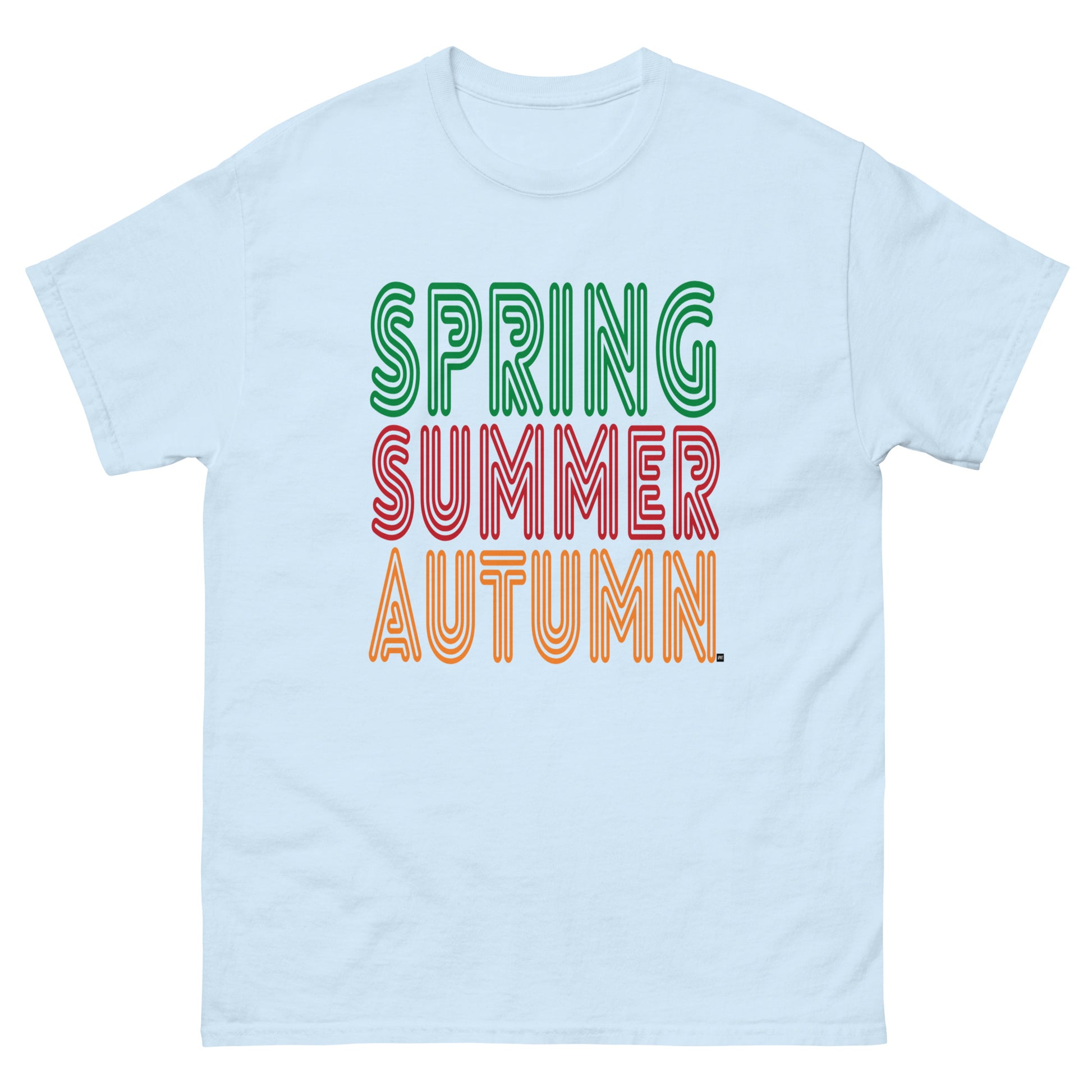 Light blue t-shirt with 'Spring Summer Autumn' text in different colors on a white background