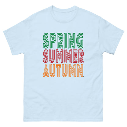 Light blue t-shirt with 'Spring Summer Autumn' text in different colors on a white background