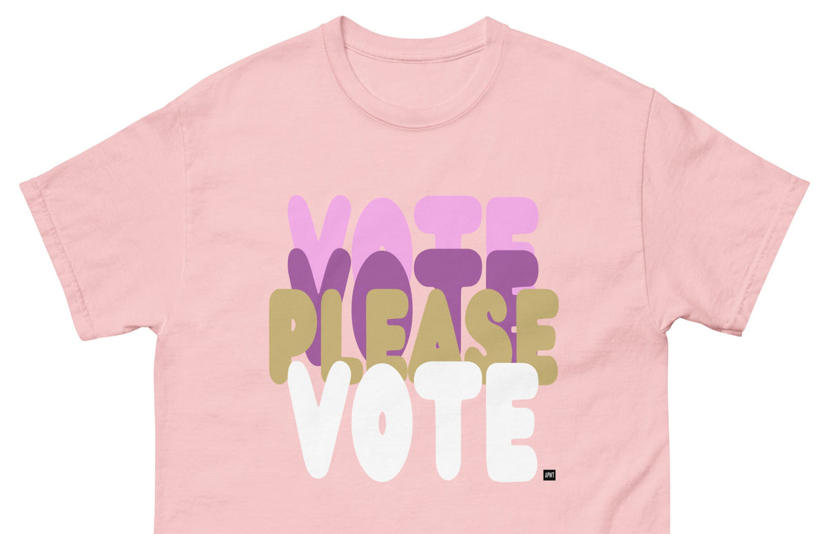 The APWT Gift Shop's Please Vote in Primaries Pink Unisex T-Shirt from the APWT Vote Shop - Close-Up