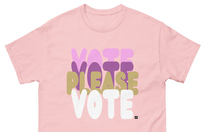 The APWT Gift Shop's Please Vote in Primaries Pink Unisex T-Shirt from the APWT Vote Shop - Close-Up