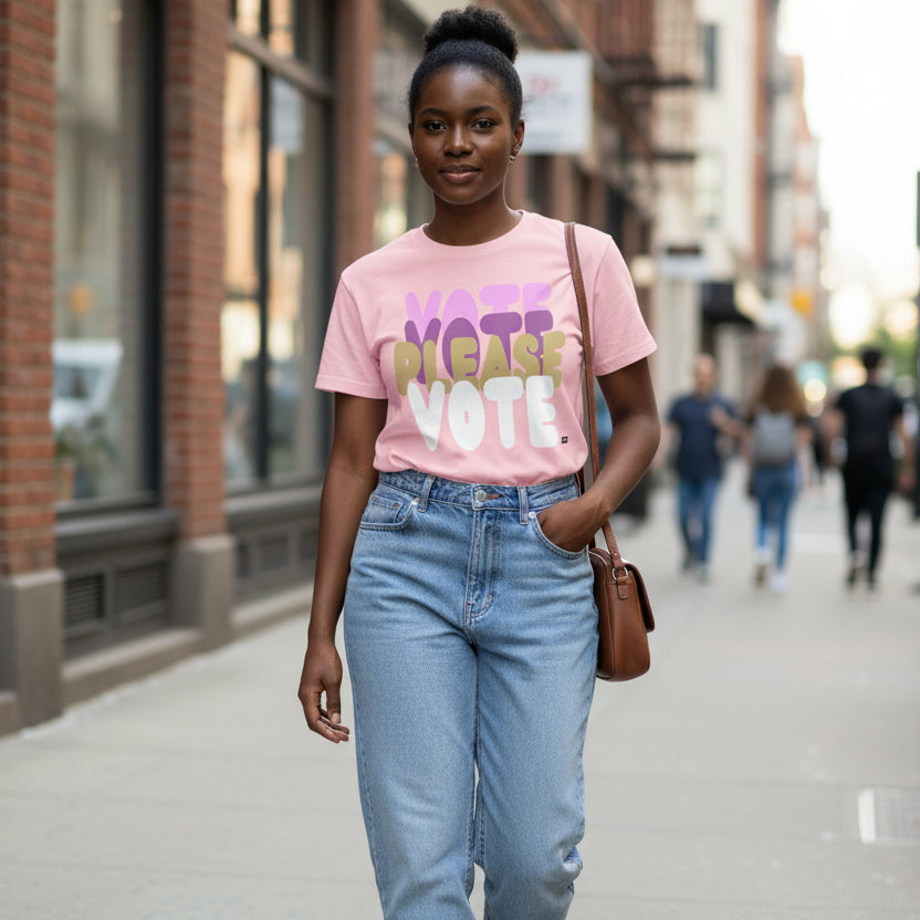 Woman walking down a city street wearing the APWT Gift Shop's Please Vote in Primaries Pink Unisex T-Shirt from the APWT Vote Shop