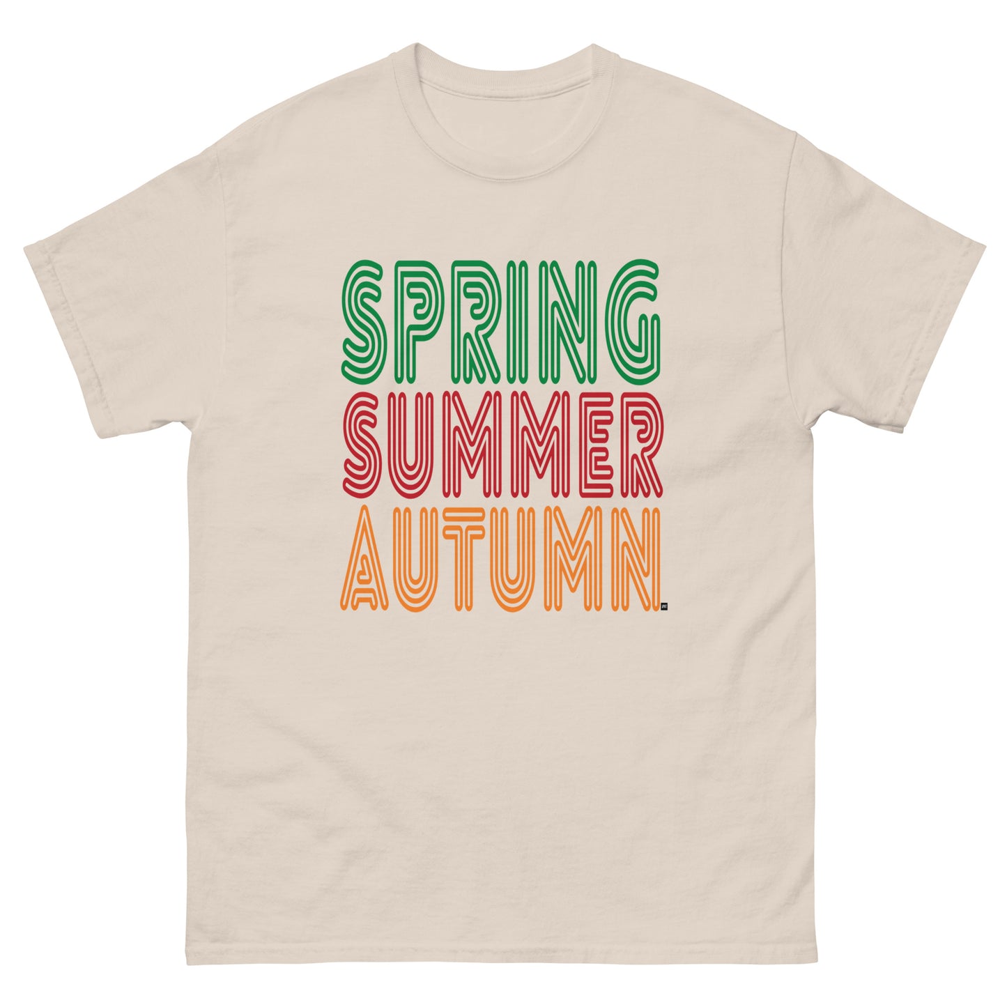 Beige t-shirt with 'Spring Summer Autumn' text in different colors on a white background