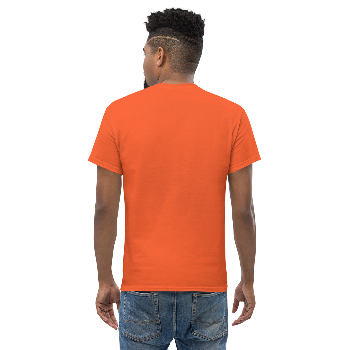 Man wearing the APWT Gift Shop's Please Vote in Safety Cone Orange Unisex T-Shirt from the APWT Vote Shop - Back view