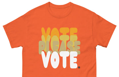 The APWT Gift Shop's Please Vote in Safety Cone Orange Unisex T-Shirt from the APWT Vote Shop - Close-up