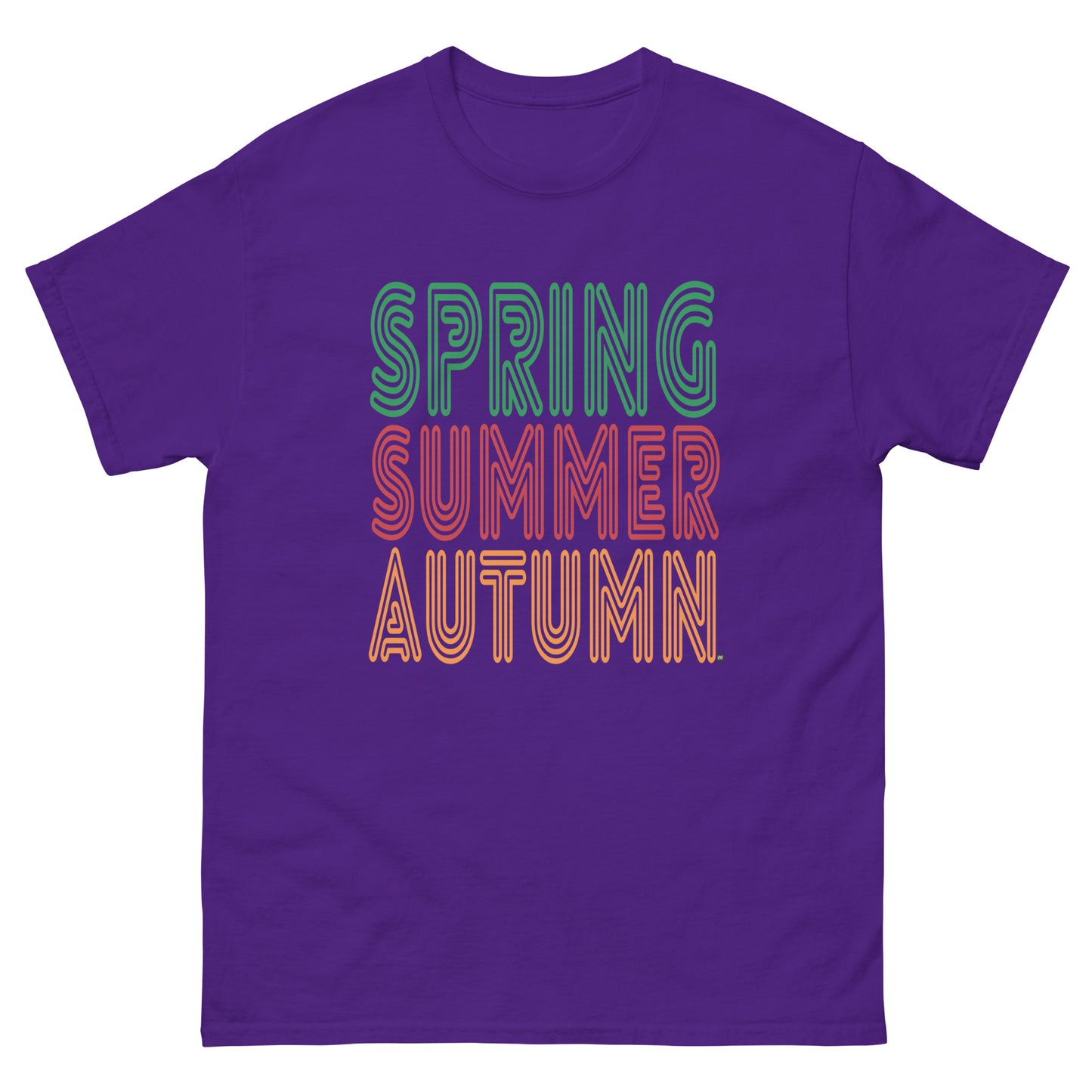 Purple t-shirt with 'Spring Summer Autumn' text in colorful letters on a white background