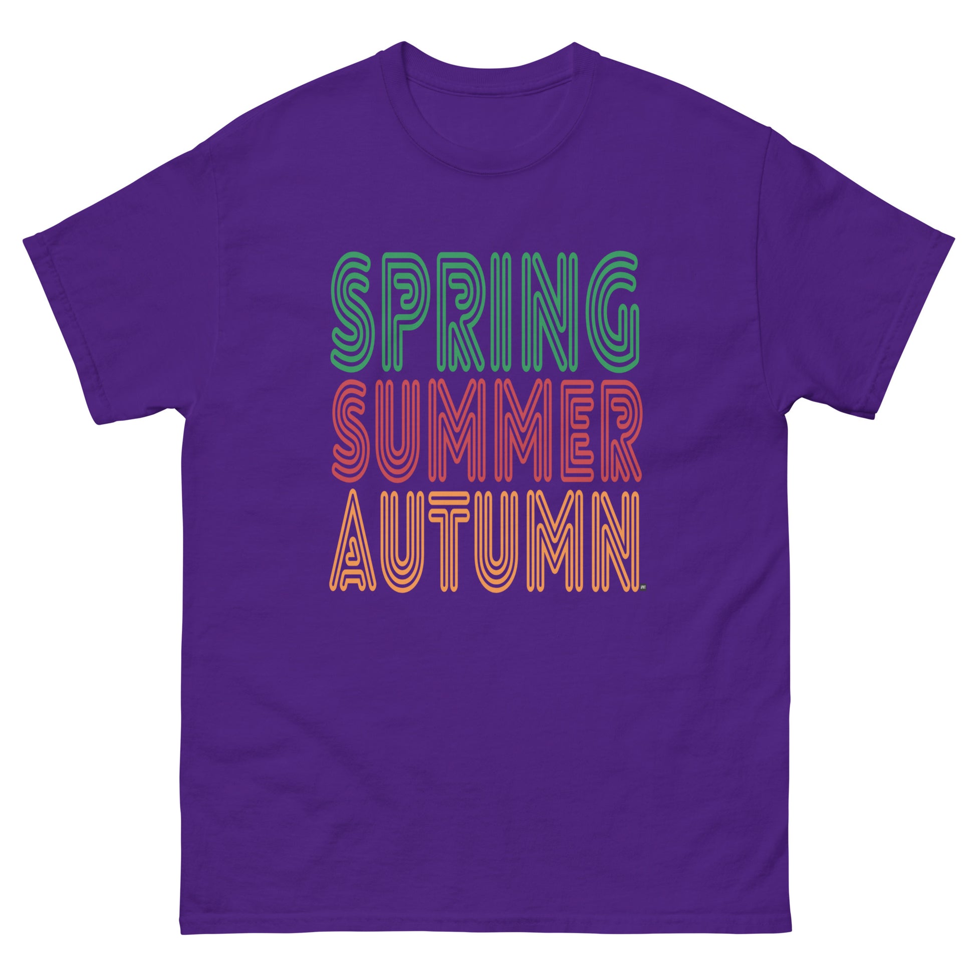 Purple t-shirt with 'Spring Summer Autumn' text in colorful letters on a white background