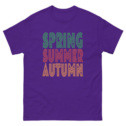Purple t-shirt with 'Spring Summer Autumn' text in colorful letters on a white background