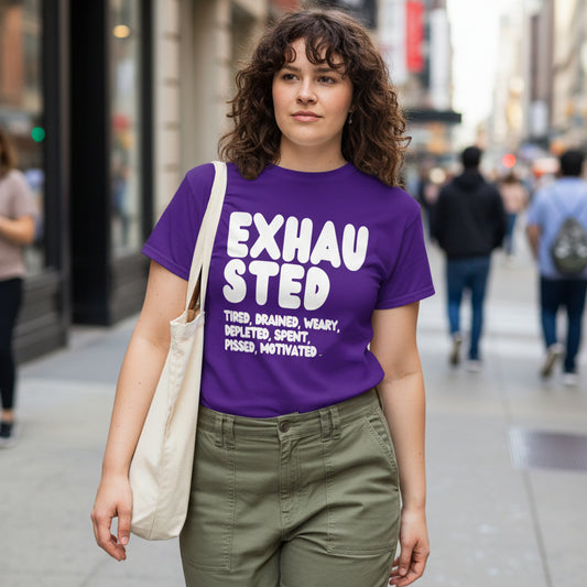 Woman walking down the street wearing the APWT Gift Shop's Exhausted in Purple Unisex T-Shirt from the Exhausted Collection